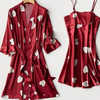 Naiste Hommikumantel Kimono Hommikumantel Kleit On Kahe-Osaline Komplekt, Suvel Uus Faux Siidist Sleepwear Satiin Vabaaja Nightwear Homewear Prindi Lounge Kanda