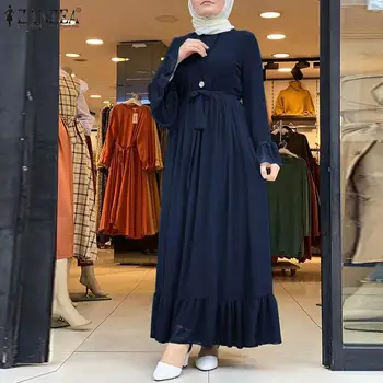 Naiste Moslemi Sundress ZANZEA Kevadel Elegantne Ruffle Kleit Naine Segast Maxi Vestidos Vabaaja Hijab Kleit Rüü