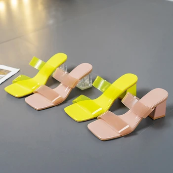 Naiste Sandaalid 2021 Maja PVC) Sussi Kommi Värvi Crystal Kontsad Kollane Naiste Suss Pluss Suurus 42 Käsitöö Kõrge Kontsaga Sussid