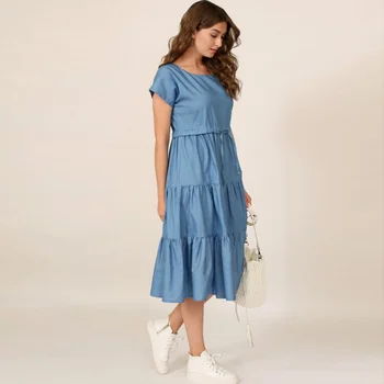 Naiste Vintage Ruffled Tiivad-line Pool Kleit Lühikeste Varrukate O kaela Sinine Värv Daamid Mood Kleit 2021 Streetwear Suvine Kleit