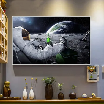 Naljakas Lõuend Maalid Astronaut Lõõgastav Kosmoses Kuu juua Õlut Seina Pilte HD Trükkida Plakateid elutuba