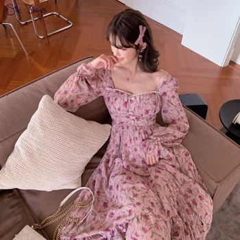 Prantsuse Õie Printida Naiste Suvine Kleit 2021 Elegantne Pikk Varrukas Sifonki Kleidid Vabaaja Shirring peorõivad Naine Vestios