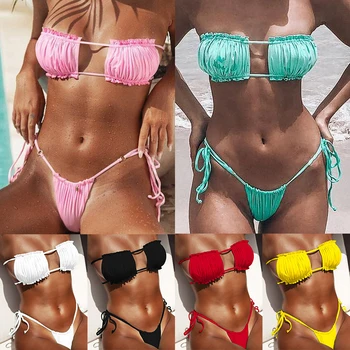 Seksikas Bikinis Naine Micro Voldid Supelrõivad Naiste Bikiinid Komplekti Bandge Ujumine Ülikond Naiste Beach Puhkus Valge Ujumistrikoo