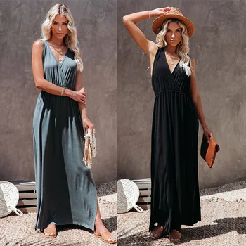 Seksikas Sügav V Kaela Backless Beach Maxi Kleit Naiste 2021 Suvel Vabaaja Päitsed Must Elegantne Pikad Kleidid Naistele Rüü Femme