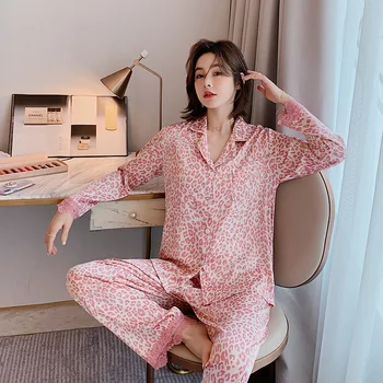 Silk Pajama Komplekti Seksikas Leopard Jää Silk Sleepwear Set Naiste Moe Disaini Nightgowns Naiste Kodus Riided, Ülerõivad 2-osaline Komplekt