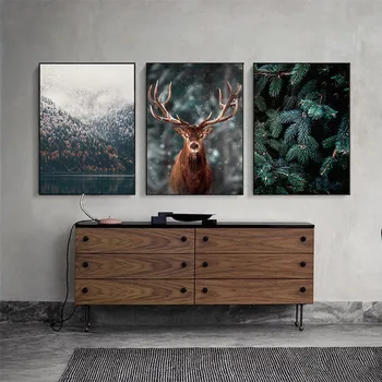 Skandinaavia Udu Metsa Hirv Loomade Loodus Maastik Lõuend Seina Art Print Maali Mountain Lake Paat Plakati Pilt Home Decor