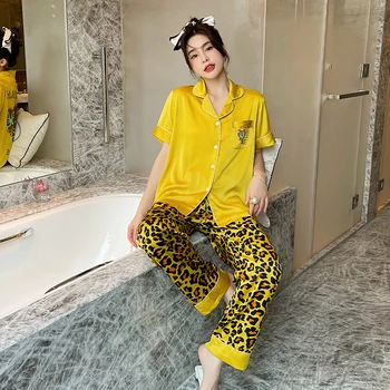 Sleepwear Naiste Pajama Seab Uued Lühikese Suve Jää Õhuke Siid Seksikas Sleepwear Komplekt Leopard Tera Lühikeste Varrukatega Kodus Naiste Riideid