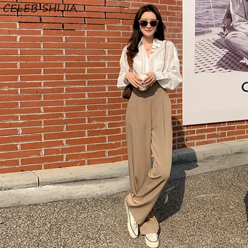 Stiilne Khaki Tunked Naine Korrus Püksid Kõrge Vöökoht Korea Stiilis Lai Jalg Püksid Naiste Ebaregulaarne Talje Elegantne Naine Püksid