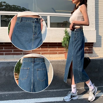 Suvel 2021 Uus Naiste Pikk Denim Seelik Vintage Kõrge Wasit Jeans Seelik Emane Straight Pool Split-line Pliiats Seelik