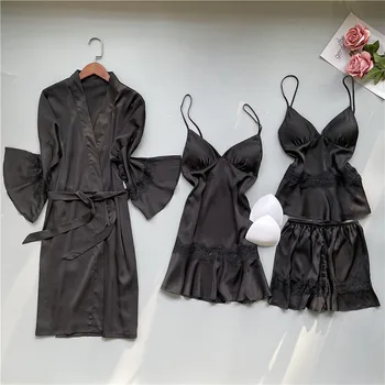 Suvel Pidžaama Naiste Rindkere Pad Nightgowns Rihm Silk Nightdress 4 Tk Komplekt Tops Pikad Varrukad Pijama Mujer Seksikas Pesu