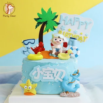 Suvel Rõõmu Mere Meritäht, Krabi CoconutTree Sukeldumine Rannas Ujumine Poiss Happy Birthday Cake Torukübar Kid Partei Asjade Cake Sisustus