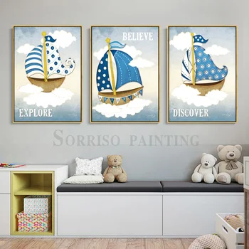 Vahemere Stiilis Koomiks Purjekas Lõuendile Maali Seina Art Plakatid Prindib Pilte, Laste Tuba, Magamistuba Decor Kodus