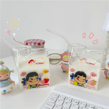 W&G-Korea Cute Cartoon Maasika Piima Väljak piimapakki Soojuse-vastupidavad ja kuumuskindlast Klaasist Kruus Mikrolaineahi Hommikusöök Kruus