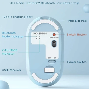 Wireless Dual Mode Hiir (Bluetooth 4.0 + USB), C-Tüüpi Taaslaetavad Slim Vaikne, Hiired, iPad, Android, Sülearvuti, PC