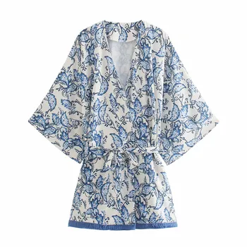 Za 2021 Sinise Õie Printida Kimono Naiste Pluus Pikad Varrukad Vibu Vöö Beach Kimono Naine Vintage Tutt Suvel Top Lahtised Pluusid