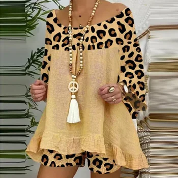 2021 Suvel Pehmed Naiste 2-Osaline Komplekt, Uus Vabaaja Leopard Segast Puuvillast Voodipesu Tops + Elastne Vöökoht Tasku Lühikesed Püksid Sobib Streetwear