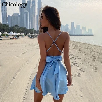 Chicology backless vibu-sõlm seksikas pidu mini kleit 2020. aasta suvel naiste õhuke rihm lühike komplekt festivali klubi streetwear riided