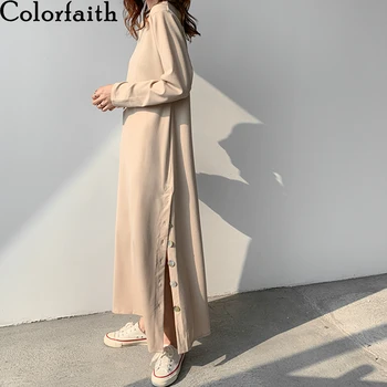 Colorfaith Uus 2021 Kevad Sügis Naiste Kleidid, Silmkoelised Nupud Tahke Lõhestatud korea Stiilis Elegantne Vintage Lady Pikk Kleit DR0159