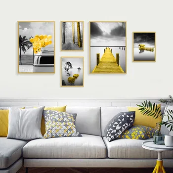 Elutuba Kaasaegse Kodu Kaunistamiseks Must Kollane Maastik Kunsti Lõuend Maali Prindib Puu Silla Seina Art Plakat Pildid