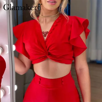 Glamaker Punane kahe töö sobiks Ruffles naiste mood crop top ja on-line lühikesed püksid Elegantne seksikas vintage suvel playsuits 2021 uus
