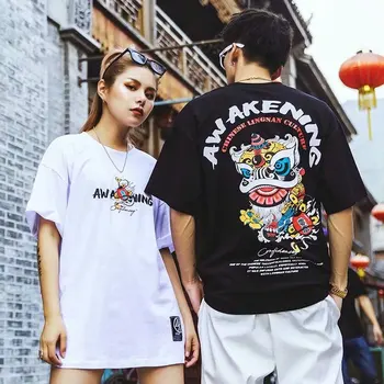 Hiina Stiilis Streetwear Hip-Hop lühikesed Varrukad Vabaaja Trükkimine Tops Lion Street dance, Hip-Hop Lahe T-Särk, Meeste Riided