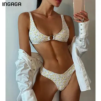 INGAGA Push Up Bikinis Naiste Ujumistrikood Thong Supelrõivad Metallist Rõngas Biquini 2021 Uus Trükkimine ujumispüksid Suvel Beachwear