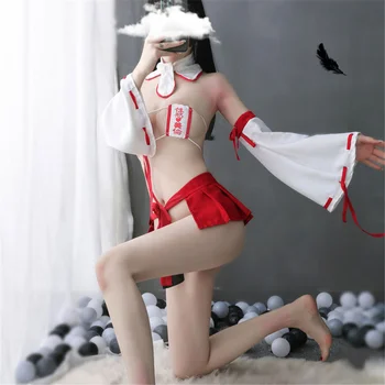 Jaapani Klassikaline Kimono Neiu Cosplay Rolli Mängida Kostüüm Armas Viigipuu Lehed Eksootiliste Sidemega Mini Seelik Aluspesu Seksikas Punane Pesu Komplekt