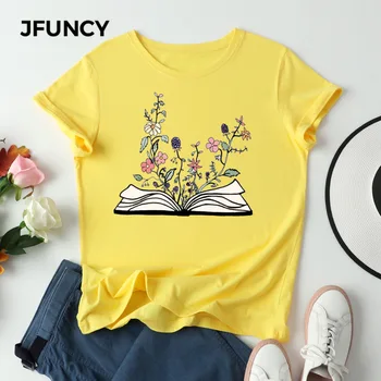 JFUNCY Pluss Suurus Tshirt Naine Graafiline Tee Tops Harajuku Lilled Raamatute Trükkimine Suvel Puuvillane Naiste Särgid, Vabaaja Naiste Rõivad