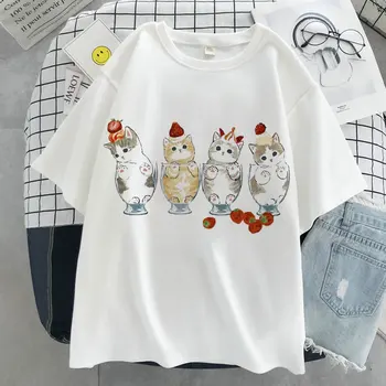 Kass Kawaii Graafiline Print T-särk Naistele, Tee Harajuku Esteetiline Valge Tops Vabaaja Tshirt 2021 Uus Suvi Vogue Y2k Naiste T-Särk