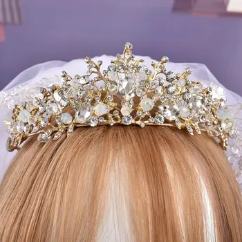 Kuld Pulm Crown Morsiamen Tiaras Printsess Kristall Helmed Peapael Naine Tüdrukud Poole Headpiece koos Kõrvarõngad (Gold 2)