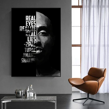 Must ja Valge Kuulus Tupac Shakur Lõuendile Maalimise, Hip-Hop Rap Muusika Laulja Star Kaasaegne Seina Art Plakat õlimaal Home Decor