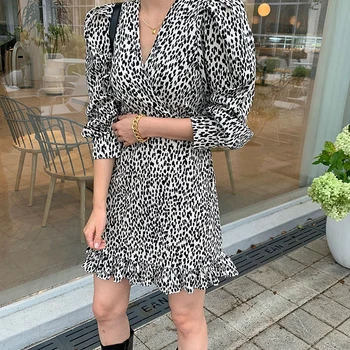 Naiste Mini Kleit Juhuslik V-Kaeluse Poole Õhtusöök Kleidid Naistele Leopard Õhuke Kleit Ruffles Puhvis Varrukad Stiilne Vintage Riided XC367