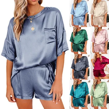 Naiste pidžaama 2021 kevadel ja suvel uusi tahke värv satiin pidžaama home service lühikeste varrukatega lühikesed püksid ebaregulaarne kaks rõivakomplekti