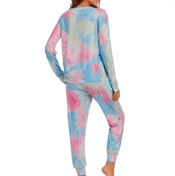 Naiste Riided Sleepwear Lipsu värvi Pidžaama Komplekt Trükitud O kaelus Pikk Varrukas Top Vabaaja Püksid SuitsHome Riided Naistele Pijamas