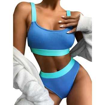 Naiste Sexy Ujumistrikoo 2021High Talje Bikiinid Komplekti ujumispüksid Naiste Kaks Tööd Jagada Daamid Kontrastset Värvi Bather Beachwear