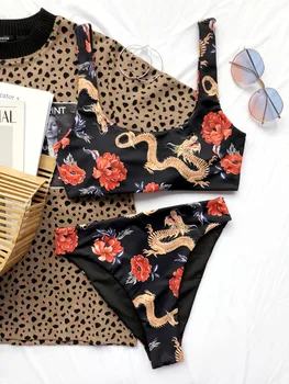 Naiste Ujumisriided 2021 Hiina Draakon Printida Kõrge Vöökoht Ujumistrikood Naiste Rõivad Kaks Tükki Sexy Bikini Set Beach Kanda