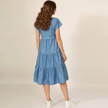 Naiste Vintage Ruffled Tiivad-line Pool Kleit Lühikeste Varrukate O kaela Sinine Värv Daamid Mood Kleit 2021 Streetwear Suvine Kleit