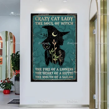 Nõid Tüdruk Ja Kass Armastavad CrazyCat Lady Hing Nõid Tulekahju A Lavica Retro Plakat Halloween Home Decor Pildid Lõuend