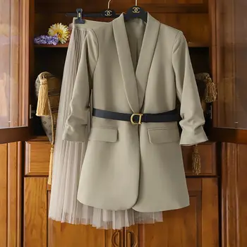 PEONFLY Naiste Ülikond Jakk Uus Kevad-Sügis korea Slim Pika varruka Jope Kõrge Vöökoht Tahke Sifonki-Line Seelik Vabaaja Ülikond