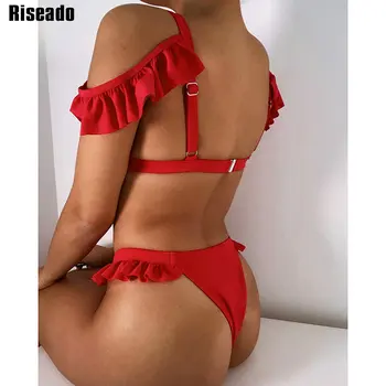 Riseado Seksikas Ruffle Bikiinid Push Up Naiste Ujumistrikoo-Punane Supelrõivad Rihm trikoo Kõrge Lõigatud Bikinis Thong 2021 Suvel Beachwear