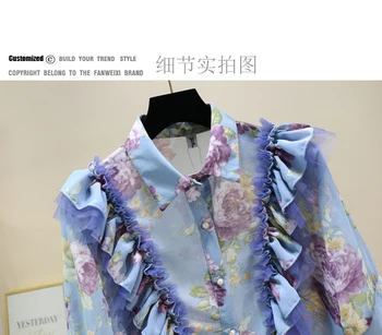 Ruffles Lühikese Varrukaga Särk Naistele 2021 Suvel Daamid Tops Camisas De Mujer Magus Õhuke Flower Print Sifonki Särk Nuppu Üles Topid