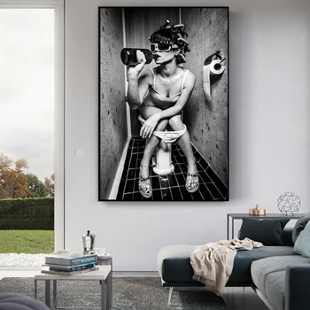 Seksikas Naine Istub Wc Suitsetamise Plakat Must Ja Valge Stiilis Seinamaaling Home Art Seina Maali Vannituba Teenetemärgi Maali