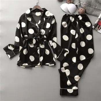 Siidist Pidžaama Komplekt Naiste Sexy Prindi Dot Suve Naine Pidžaamad Pikk Särk 2Piece/Set Õmblema Pesu 2019 Kodu Sleepwear