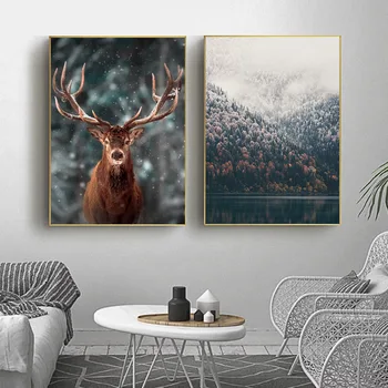 Skandinaavia Udu Metsa Hirv Loomade Loodus Maastik Lõuend Seina Art Print Maali Mountain Lake Paat Plakati Pilt Home Decor