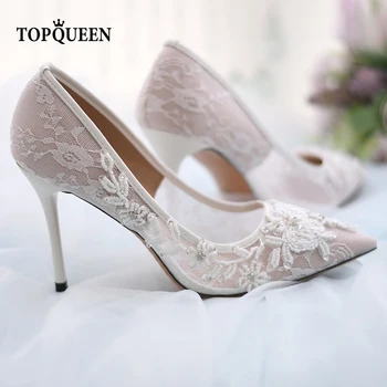 TOPQUEEN-A04 Pruudi kingad naiste pumbad Valge Pits Pärlitega Lill Elegantsed Kõrge Kontsaga naiste kontsad daamid pulm