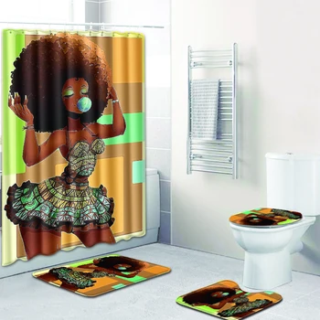 Vannitoa Komplekt Dušš Kardin Luksus Aafrika Ameerika Tüdruk Veekindel Vanni Kardin Non-slip Vann Vaipa Komplekti Wc Kaas Matt