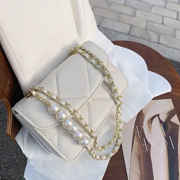 Võre Square Mini Crossbody kott 2021 Uus kvaliteetne PU Nahast Naiste Disainer Käekotis Pearl rihm Õlal Messenger Kott