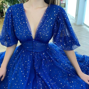 Weiyin AE0782 Tanssiaiset Kleit, Kuninglik Sinine, V-Kaeluse Puhvis Varrukad Tähistada Kleit-Line Plisseeritud Draped Ehitud Dubai õhtukleidid