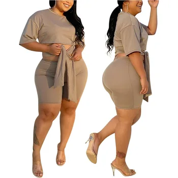 XL-4XL Pluss Suurus naised suvi lühike komplekt 2021 tahked värvi vabaaja sidemega top ja lühikesed püksid, kahe-osaline komplekt, Hulgi Dropshipping