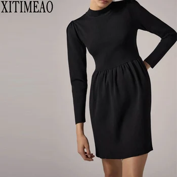 ZA Uus Naiste Pikk Sleevs Jersey Kleit 2021 Uus Seksikas Temperament O Kaela-line Seelik (Solid Color Kõrge Vöökoht Mini Seelik